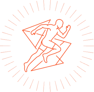 Orange line drawing of a person running on a white background