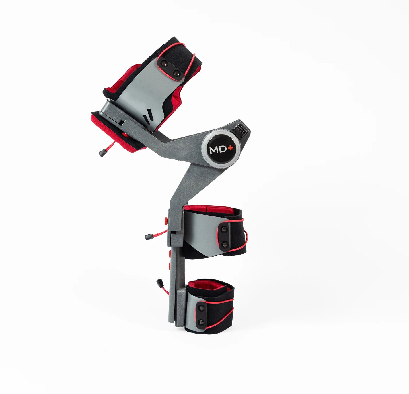Gray and red leg exercise device with 'MD+' branding on a white background