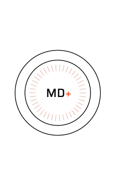 Circular design with 'MD+' text on a white background