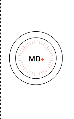 Circular design with 'MD+' text on a white background